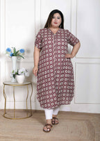 Miravan Women's Plus Size Cotton Floral Printed Cream A-Line Kurta with Buttons | Grocsy