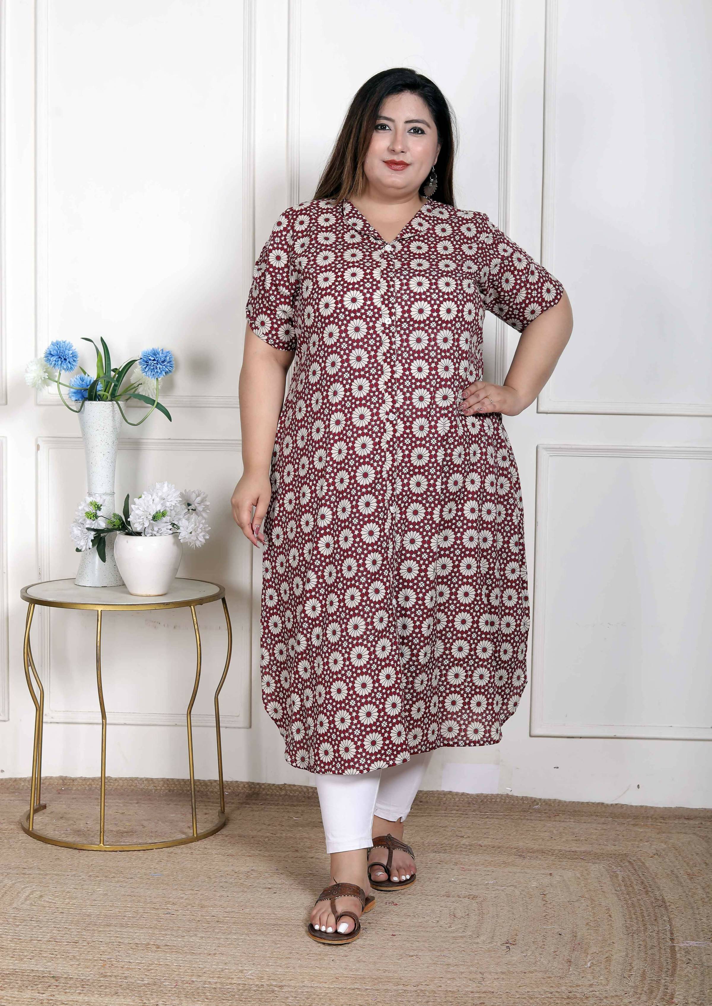 Miravan Women's Plus Size Cotton Floral Printed Cream A-Line Kurta with Buttons | Grocsy