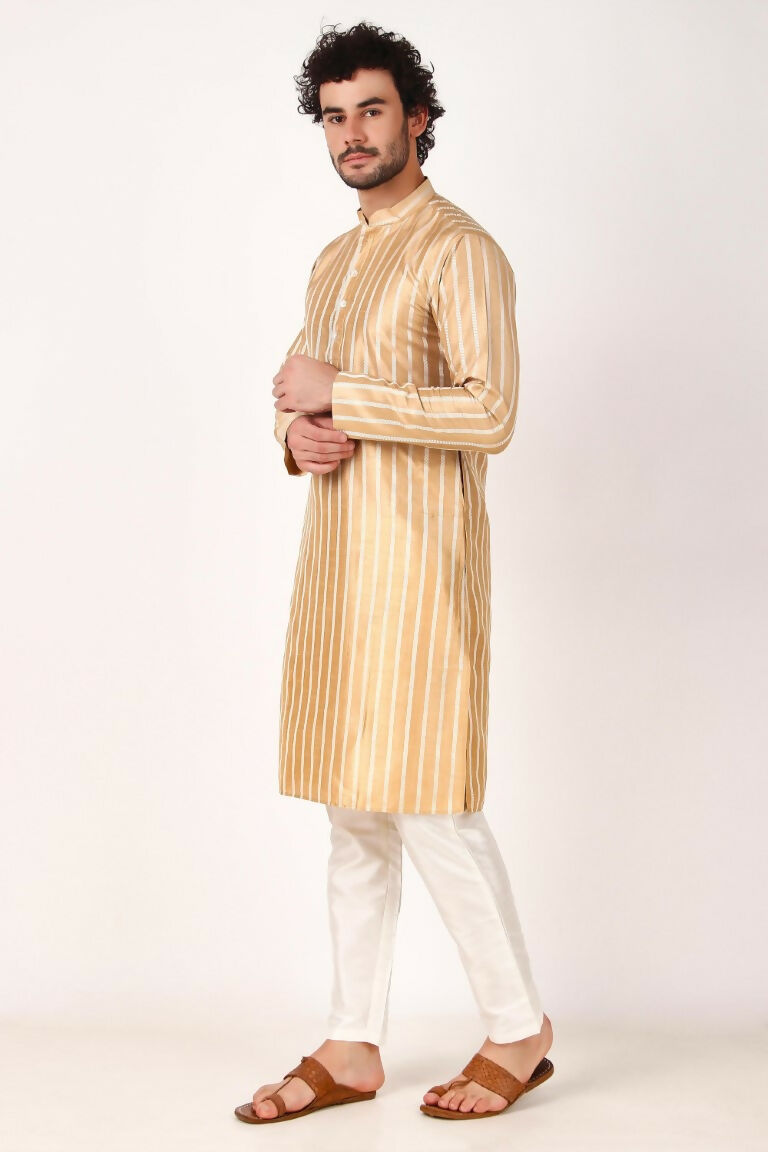 Brown Art Silk Woven Designer Men's Rajwadi Kurta Set - Mahotsav | Grocsy