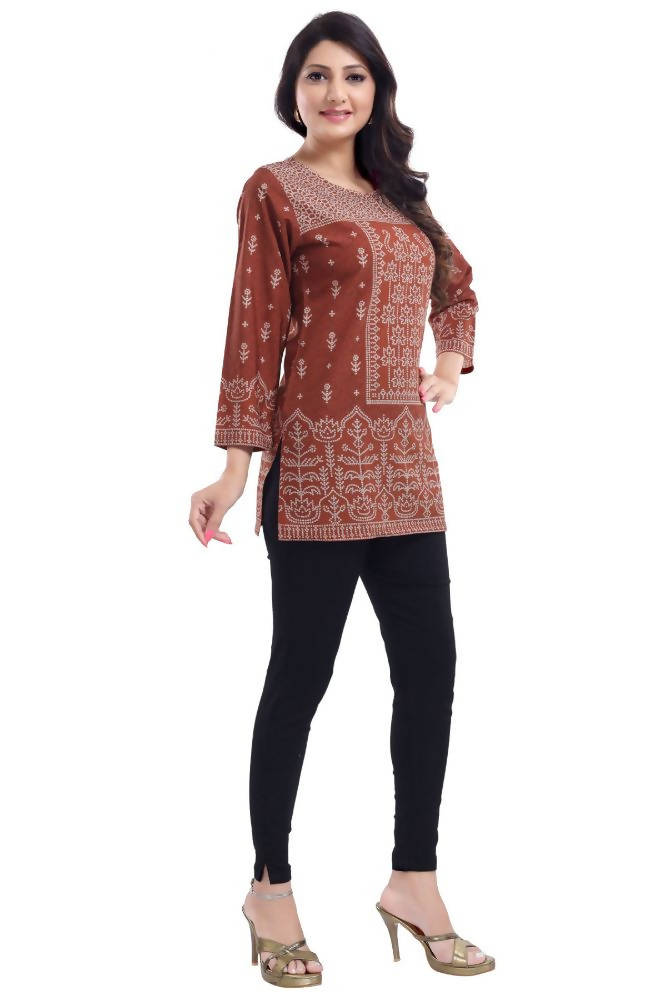 Snehal Creations Rust Faux Crepe Short Kurti Tunic Top | Grocsy