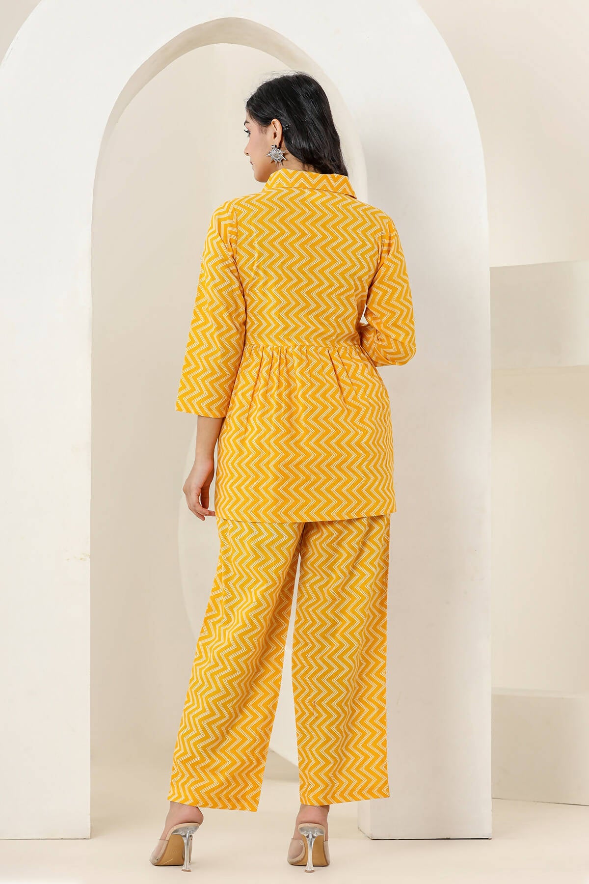 Kaajh Women's Yellow Zigzag Print Cotton Co-ord Set | Grocsy