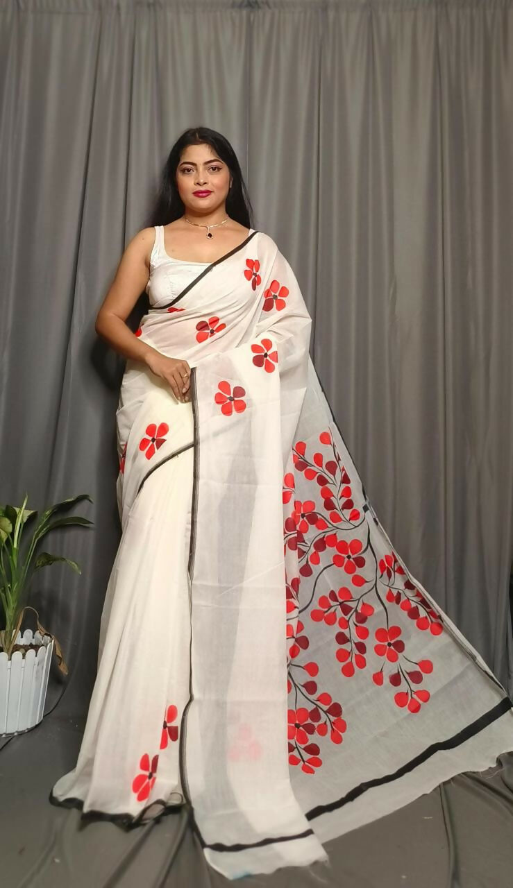 Exclusive Collection Beautiful White Red Pure Cotton Hand Print Handloom Saree With Running Blouse Piece | Grocsy