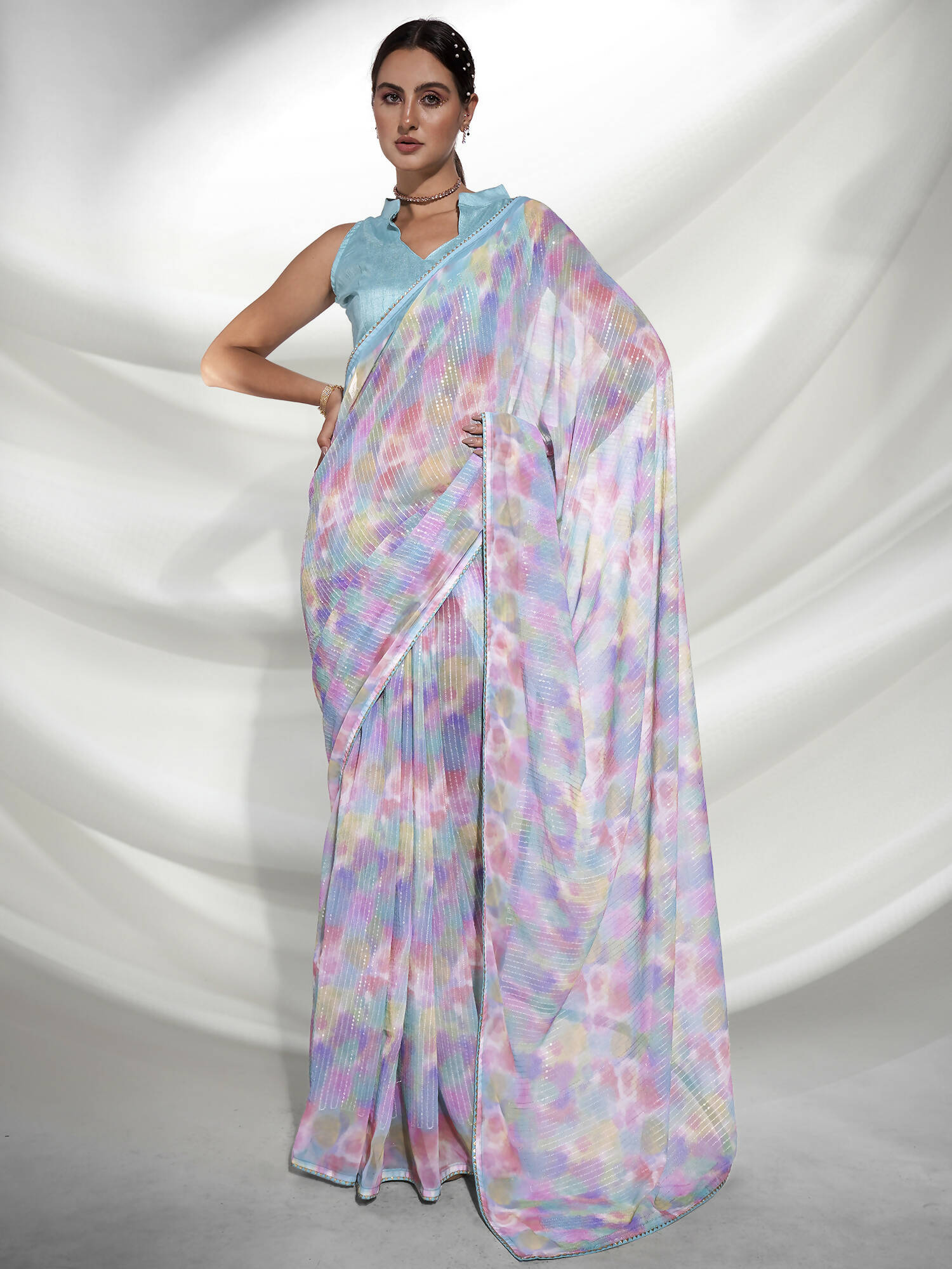 Blue Georgette Sequence Embroidery Saree With Unstitched Blouse Piece - Rajal | Grocsy