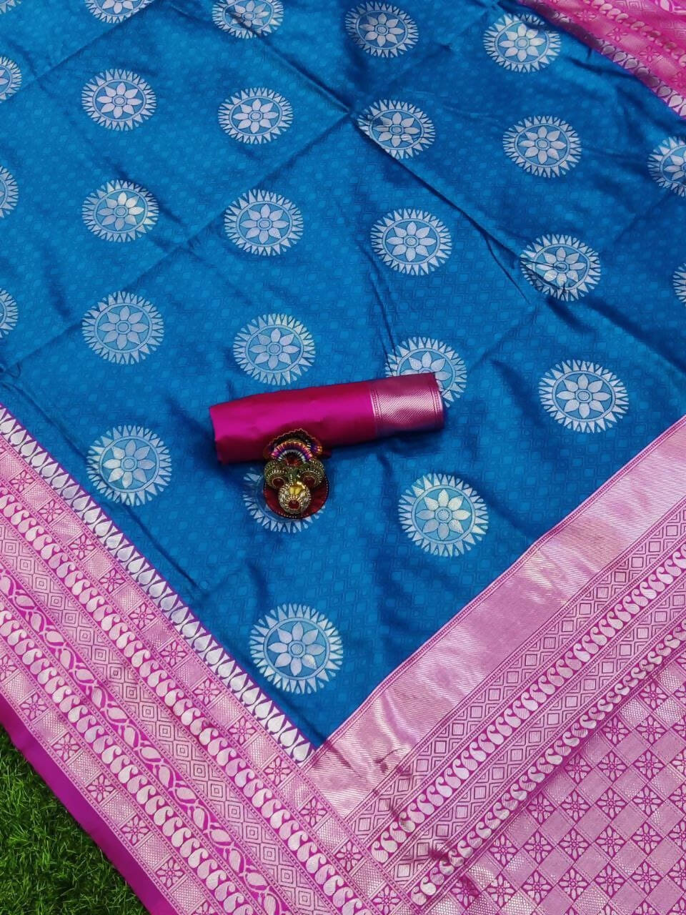 DEIANA'S Beautiful Designer Golden zari Soft Lichi Silk Saree - Blue | Grocsy