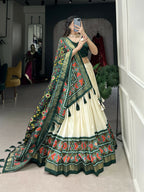 Lorenvalley Offwhite and Green Tussar Silk Patola Print Lehenga Choli | Grocsy