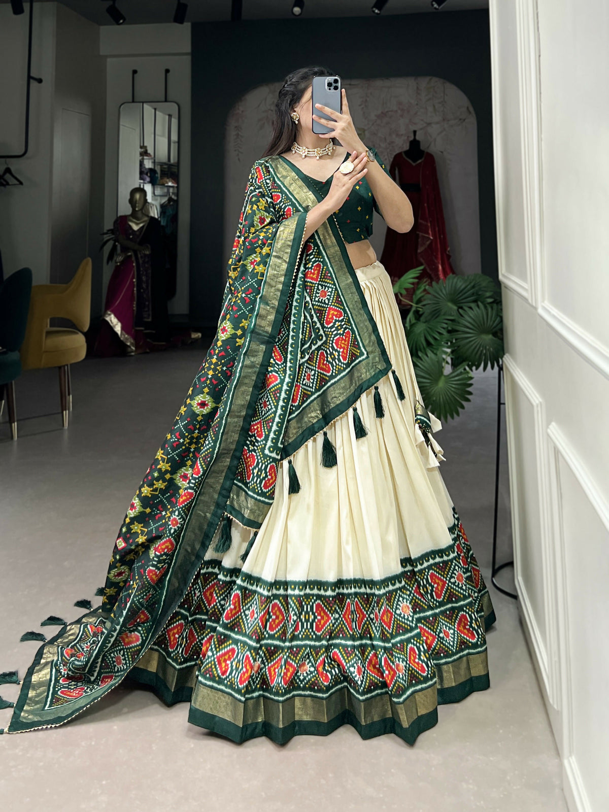 Lorenvalley Offwhite and Green Tussar Silk Patola Print Lehenga Choli | Grocsy