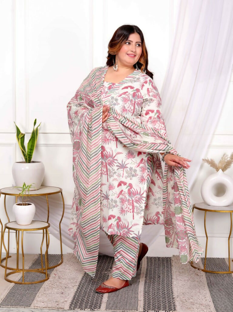 Miravan Women's Plus Size Cotton Light Pink Scenic Birds And Leaf Floral Printed Straight Pakistani Style Suit Set | Grocsy