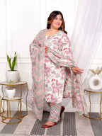 Miravan Women's Plus Size Cotton Light Pink Scenic Birds And Leaf Floral Printed Straight Pakistani Style Suit Set | Grocsy