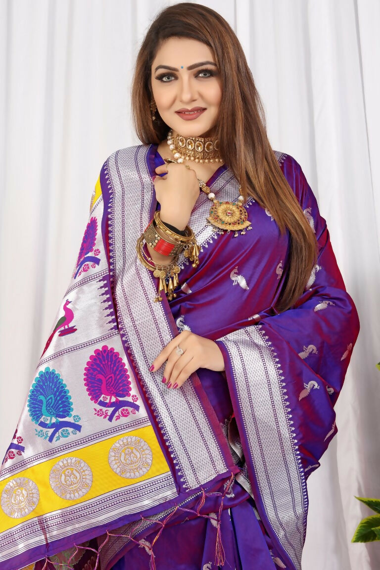 Jyoti Fashion Women's Purple Paithani Silk Zari Woven Saree with Blouse | Grocsy