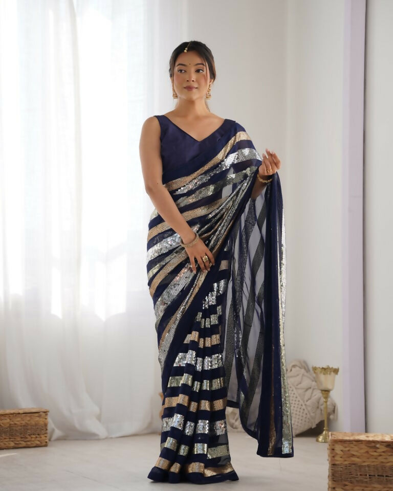 Blue Georgette Sequance Embroidery Work Border Saree - Sitare | Grocsy