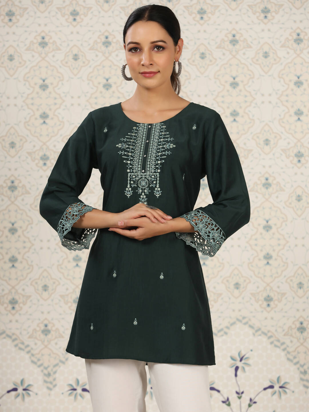 Dark Green Chinon Embroidered Straight Top - Zeny | Grocsy