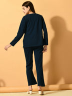 Myshka Women's Navy Blue Solid Coat With Trousers | Grocsy
