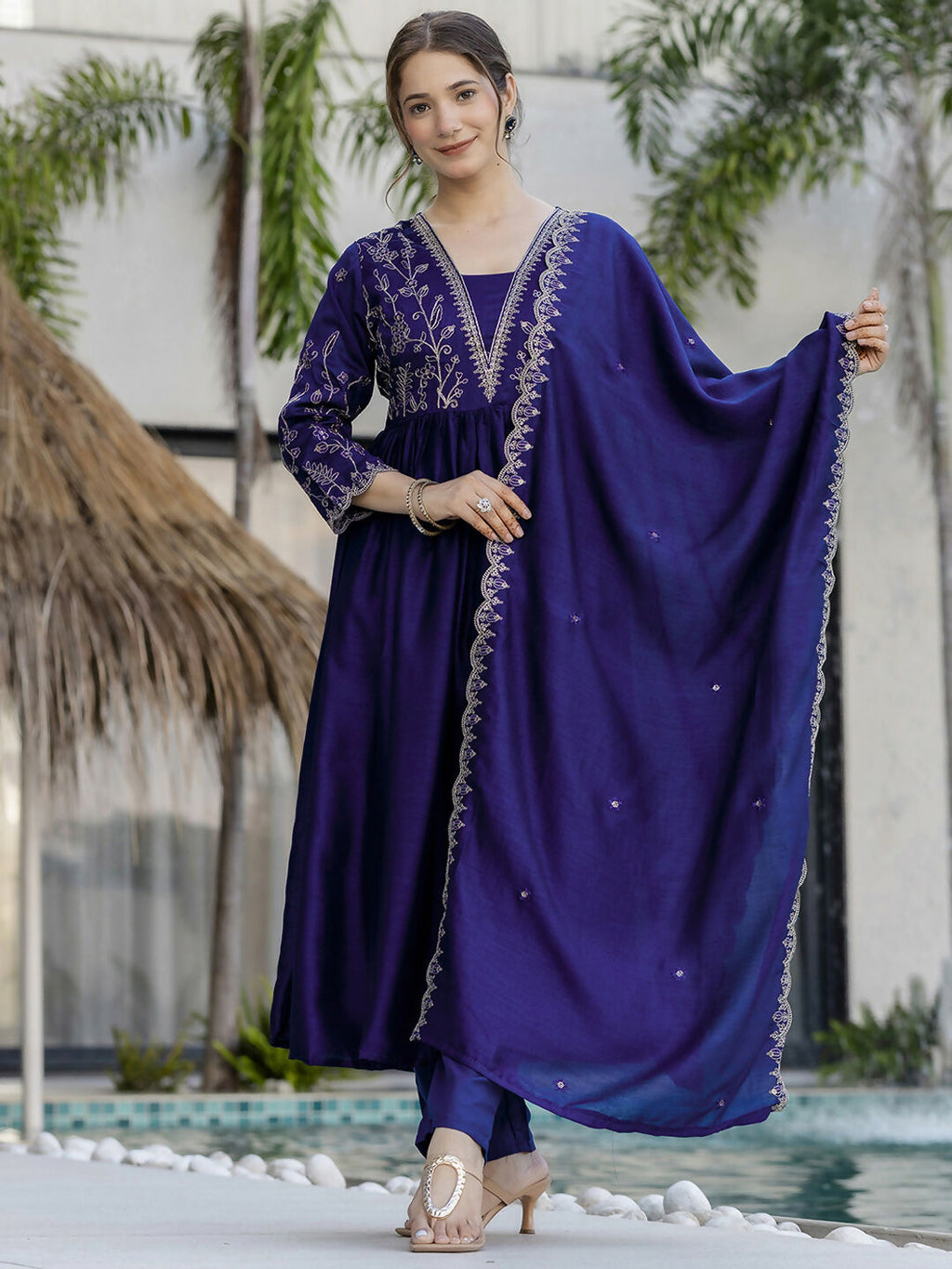 The52 Blue Women's Beautiful Embroidered Vichitra Silk Fabric with Flared Kurta, Pant and Dupatta Set | Grocsy