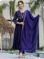 The52 Blue Women's Beautiful Embroidered Vichitra Silk Fabric with Flared Kurta, Pant and Dupatta Set | Grocsy