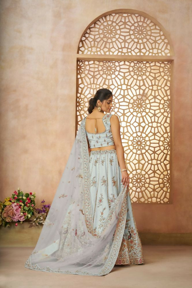 Kesar Fab Sky-Blue Zari Silk Hand_Woven Lehenga | Grocsy