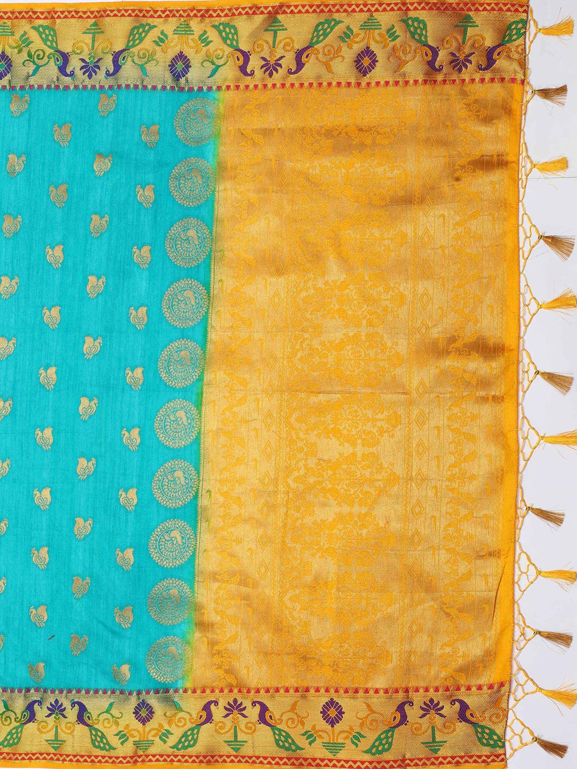 Mimosa Women's Turquoise Kanchipuram Silk Saree | Grocsy