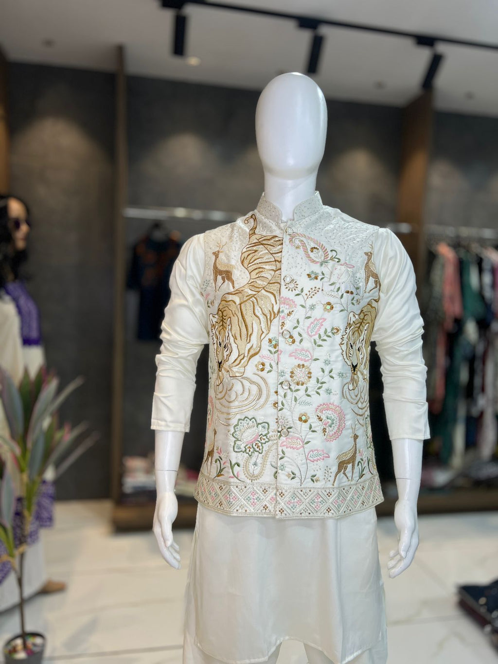 SDF Ready to Wear Creamy White Kurta Koti Pyjama set | Grocsy