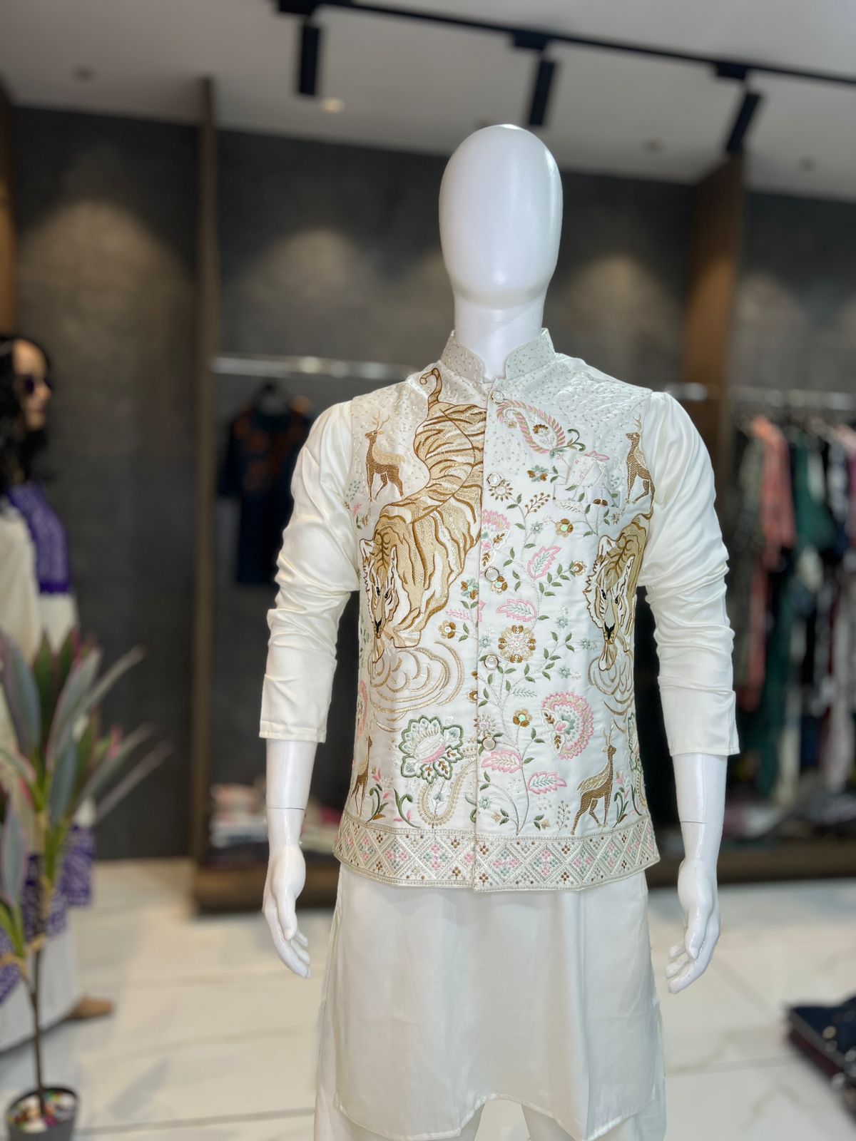 SDF Ready to Wear Creamy White Kurta Koti Pyjama set | Grocsy
