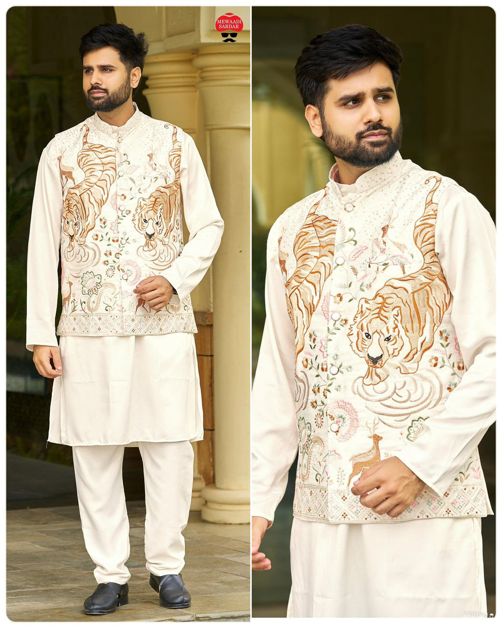 SDF Ready to Wear Creamy White Kurta Koti Pyjama set | Grocsy