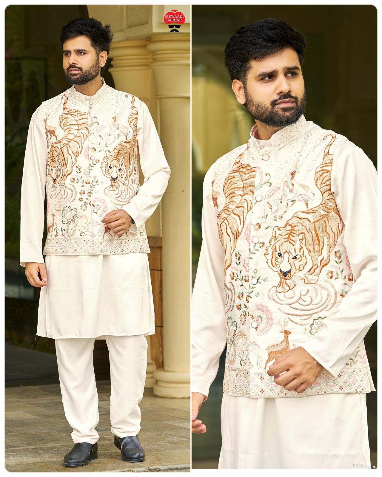 SDF Ready to Wear Creamy White Kurta Koti Pyjama set | Grocsy