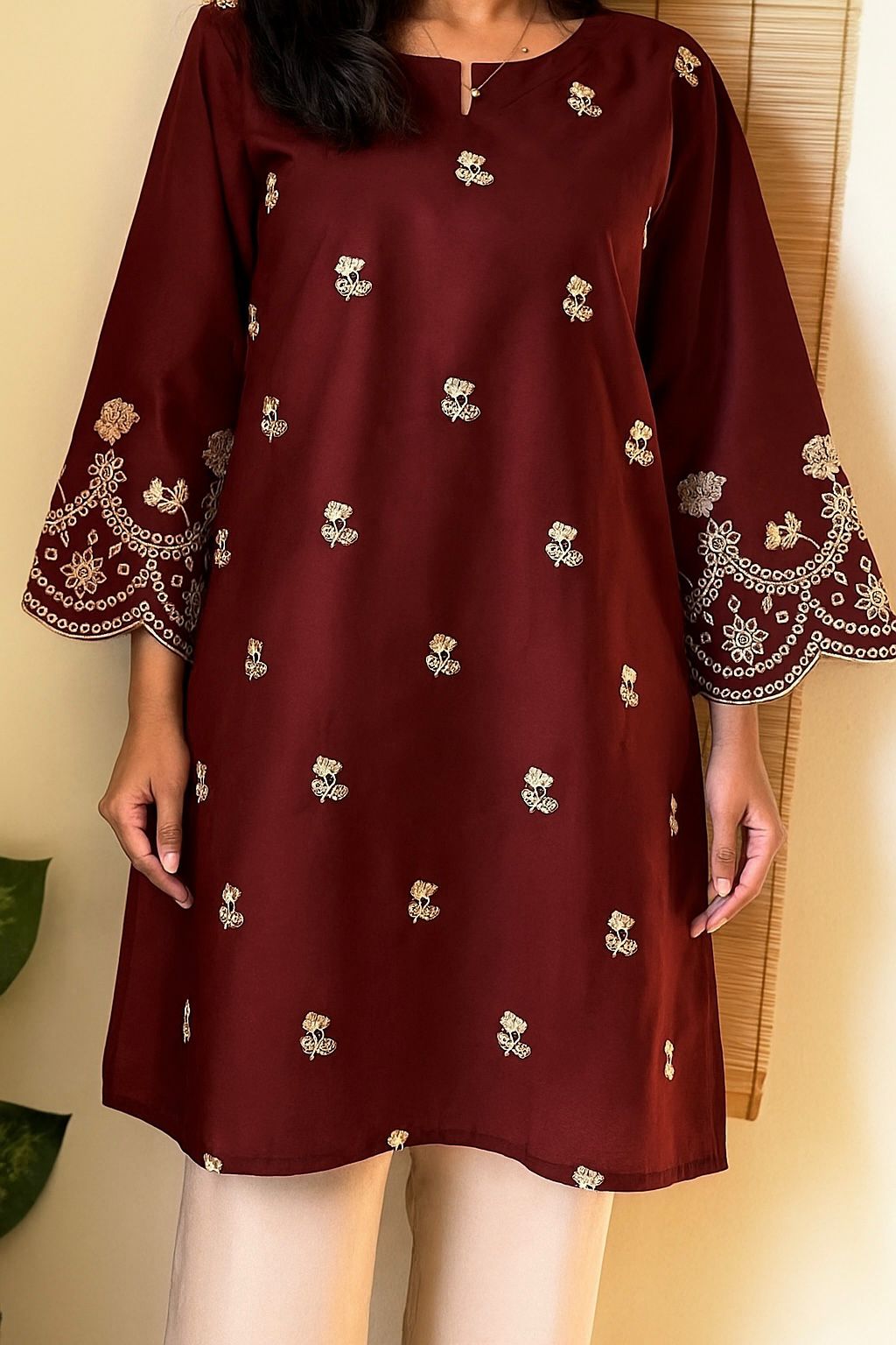SDF Trending Short length Maroon Kurti with Embroidery Work | Grocsy