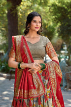 Vastranavya Kalamkari Print With Foil Print Lehenga with Unstitched Printed Blouse - Grey | Grocsy