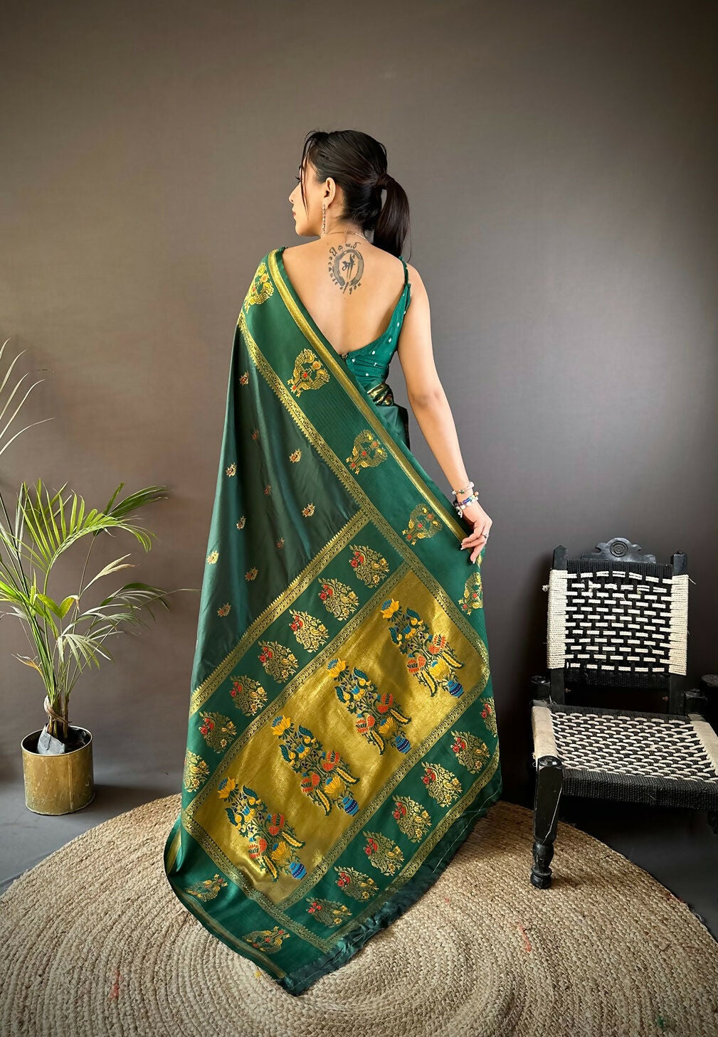 Joban Fashion Dark Green Meenakari Weaving Paithani Sarees | Grocsy