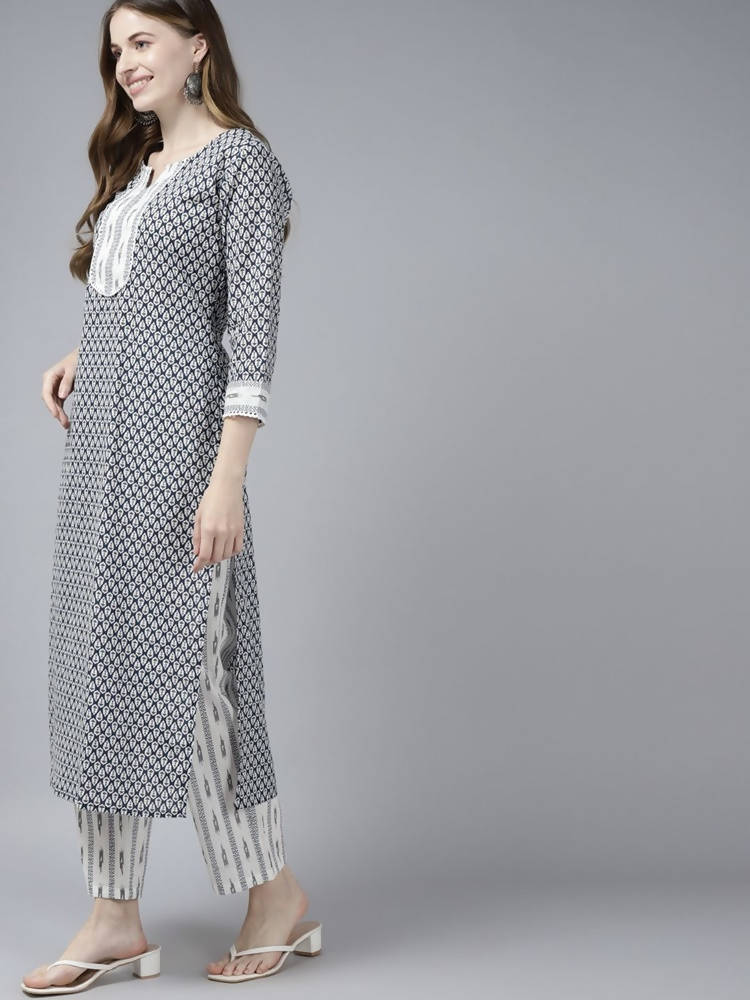 Yufta Women Black White Ethnic Motifs Pure Cotton Kurta with Palazzo and Dupatta | Grocsy