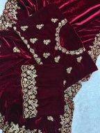 Vastranavya Designer Velvet Sequence & Zari Thread Embroidery work with border and Cutwork Saree - Wine | Grocsy