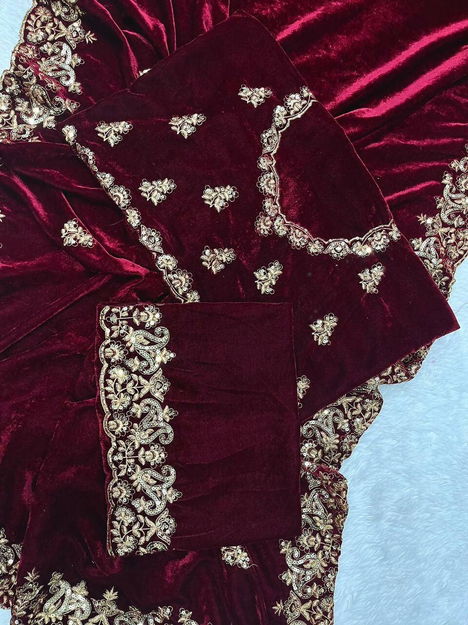 Vastranavya Designer Velvet Sequence & Zari Thread Embroidery work with border and Cutwork Saree - Wine | Grocsy