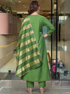 The52 Light Green Women's Gorgeous Embroidered Work Chanderi Fabric Flared Kurta Pant and Dupatta Set | Grocsy