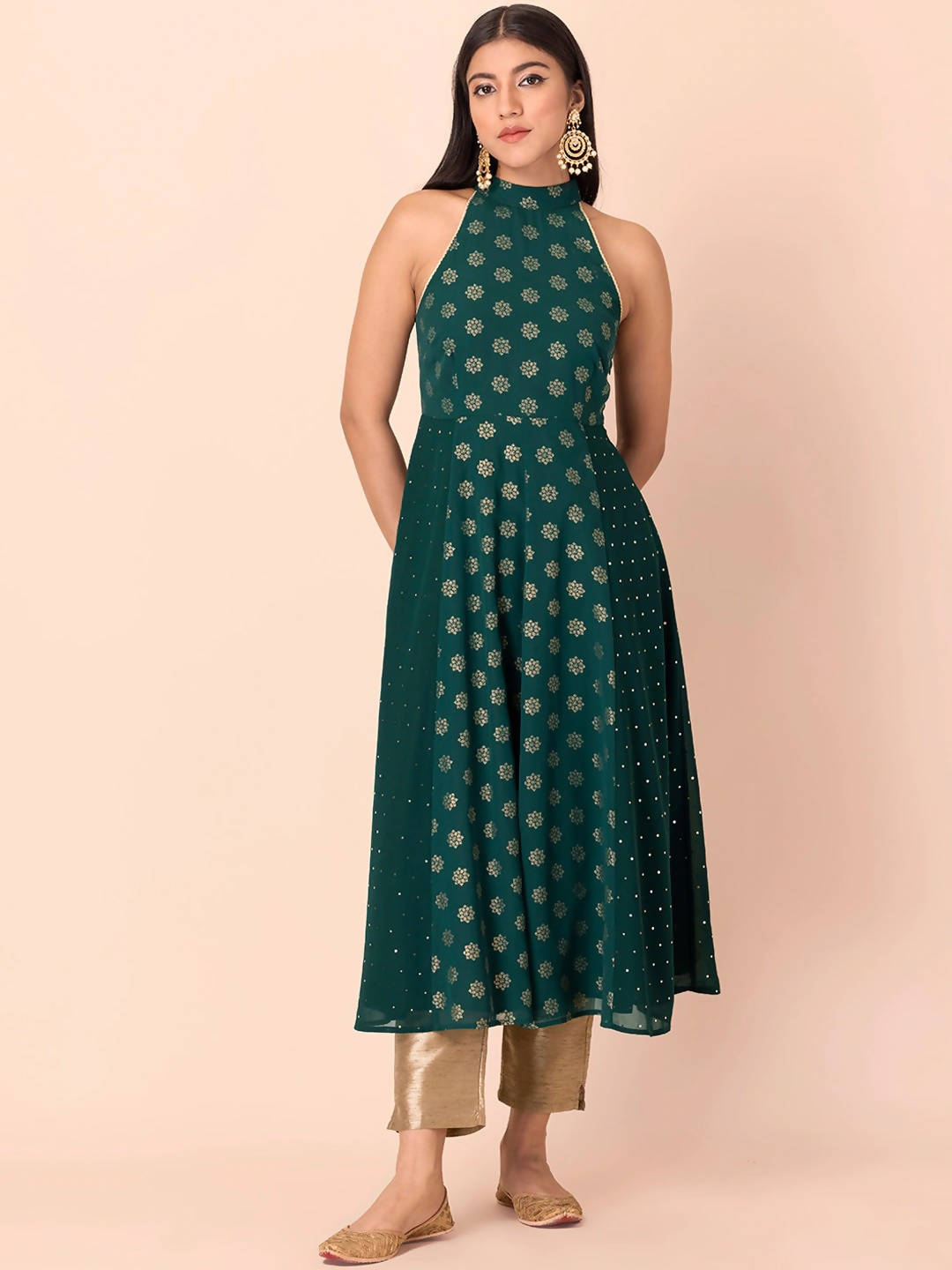 Indya Green Floral Printed Halter Neck Georgette Kurta With Zari Detail | Grocsy