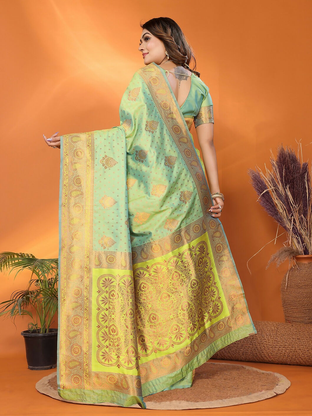 Joban Fashion Banarasi Light Green Woven Soft Silk Saree | Grocsy