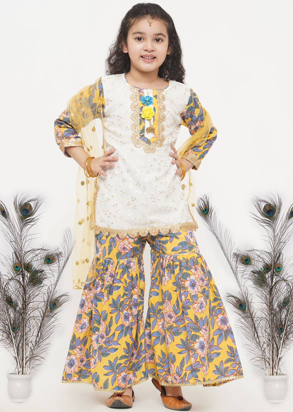 Little Bansi Girls Cotton Embroidery Kurta with Floral Sharara & Dupatta - White & Yellow | Grocsy
