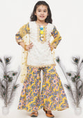 Little Bansi Girls Cotton Embroidery Kurta with Floral Sharara & Dupatta - White & Yellow | Grocsy
