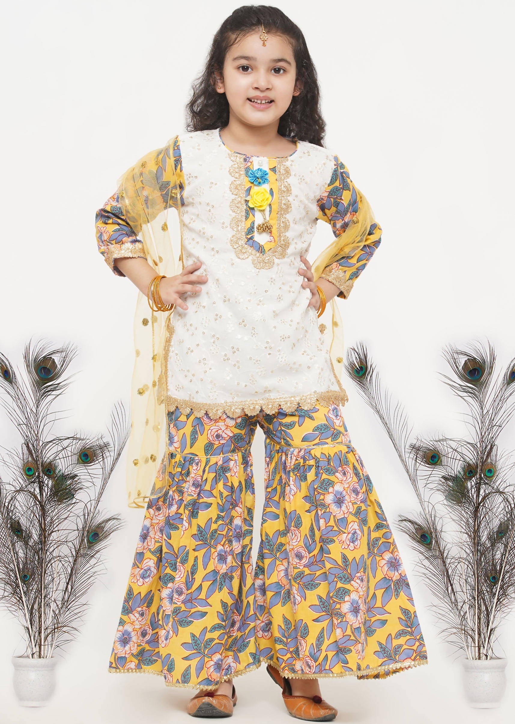 Little Bansi Girls Cotton Embroidery Kurta with Floral Sharara & Dupatta - White & Yellow | Grocsy