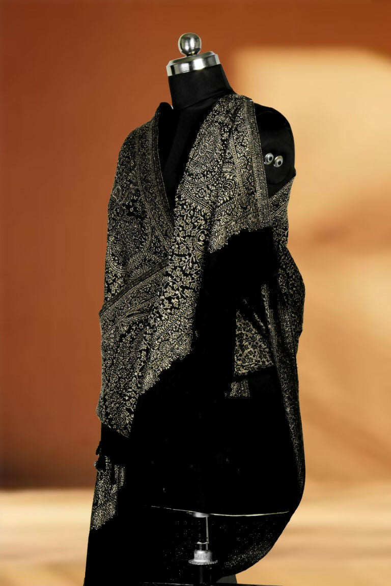 Weaving Mystery Handloom Pashmina Shawl-Kaani Zari - Black | Grocsy