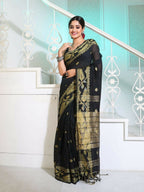 Exclusive Collection Beautiful Black Pure Cotton Woven Handloom Saree With Running Blouse Piece | Grocsy