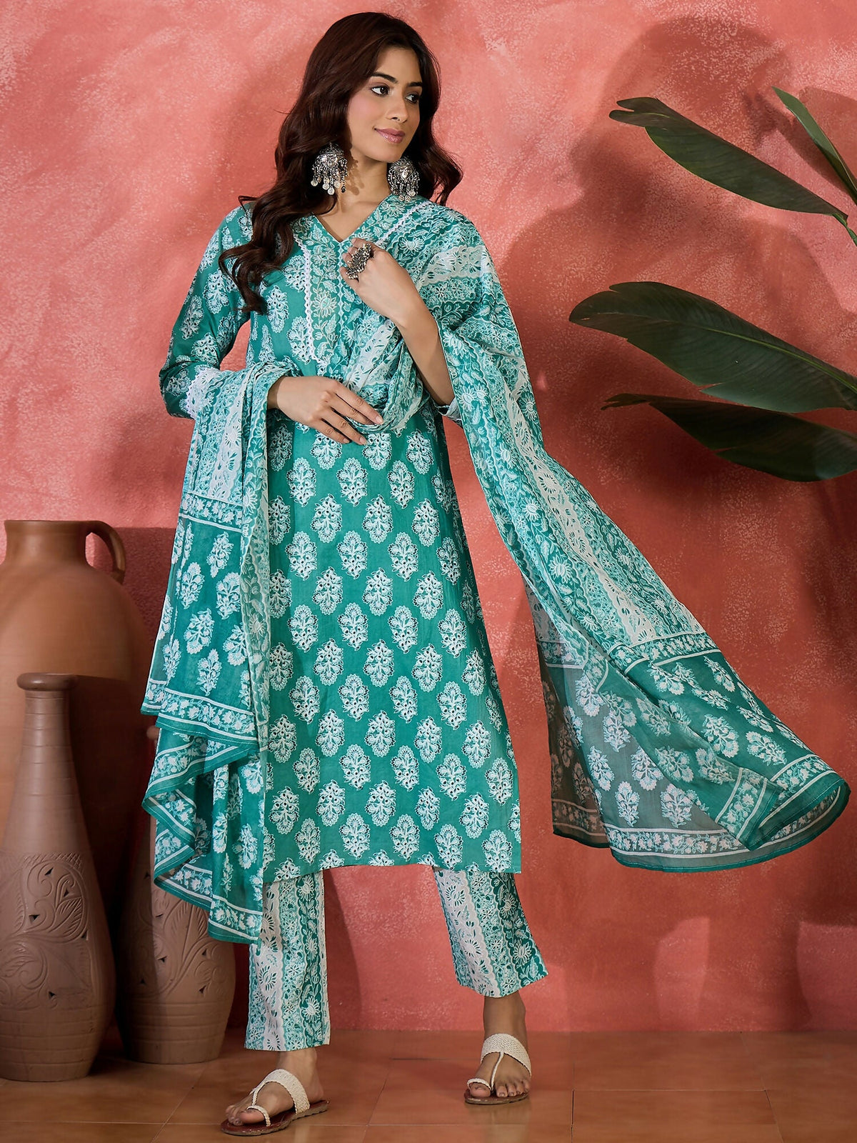 Joban Fashion Printed Teal Pure Cotton Kurta Set | Grocsy