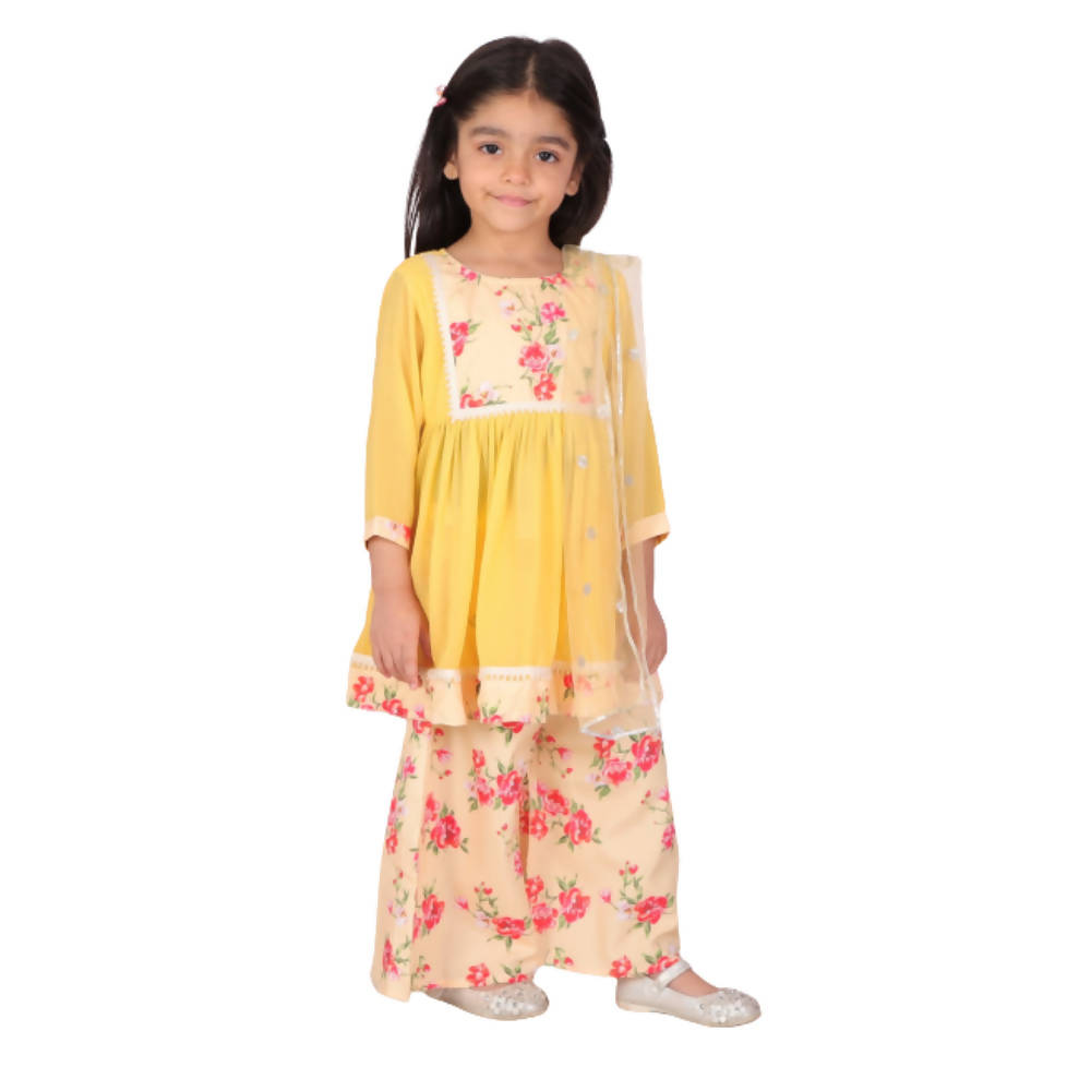 Little Bansi Girls Rose print Kurta Frock with Floral Plazzo and Dupatta - Yellow | Grocsy
