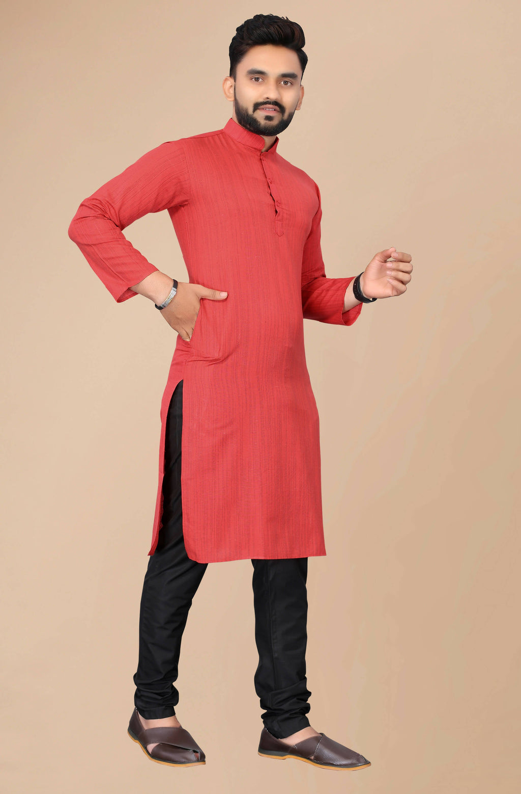 Men's Red Striped Cotton Kurta - Mahotsav | Grocsy