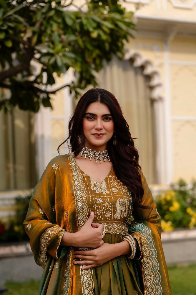Teeya Creation Mehendi Primium Fendy Satin Silk Embroidery Work Wedding Wear Gown | Grocsy