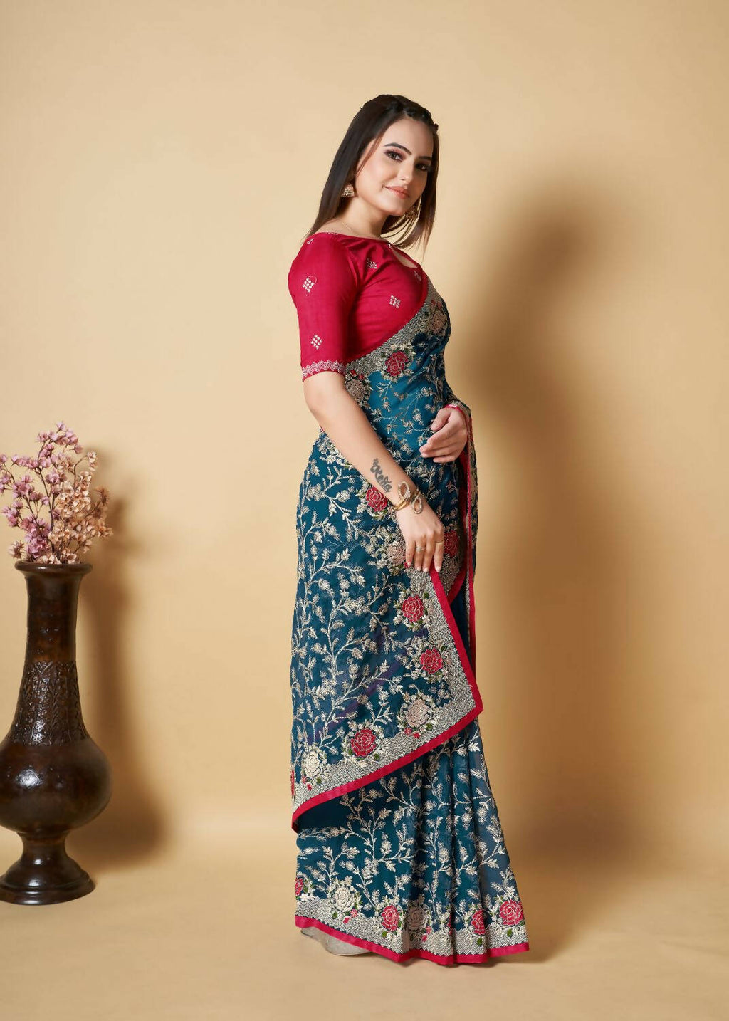 Vamsee Teal Organza Saree | Grocsy