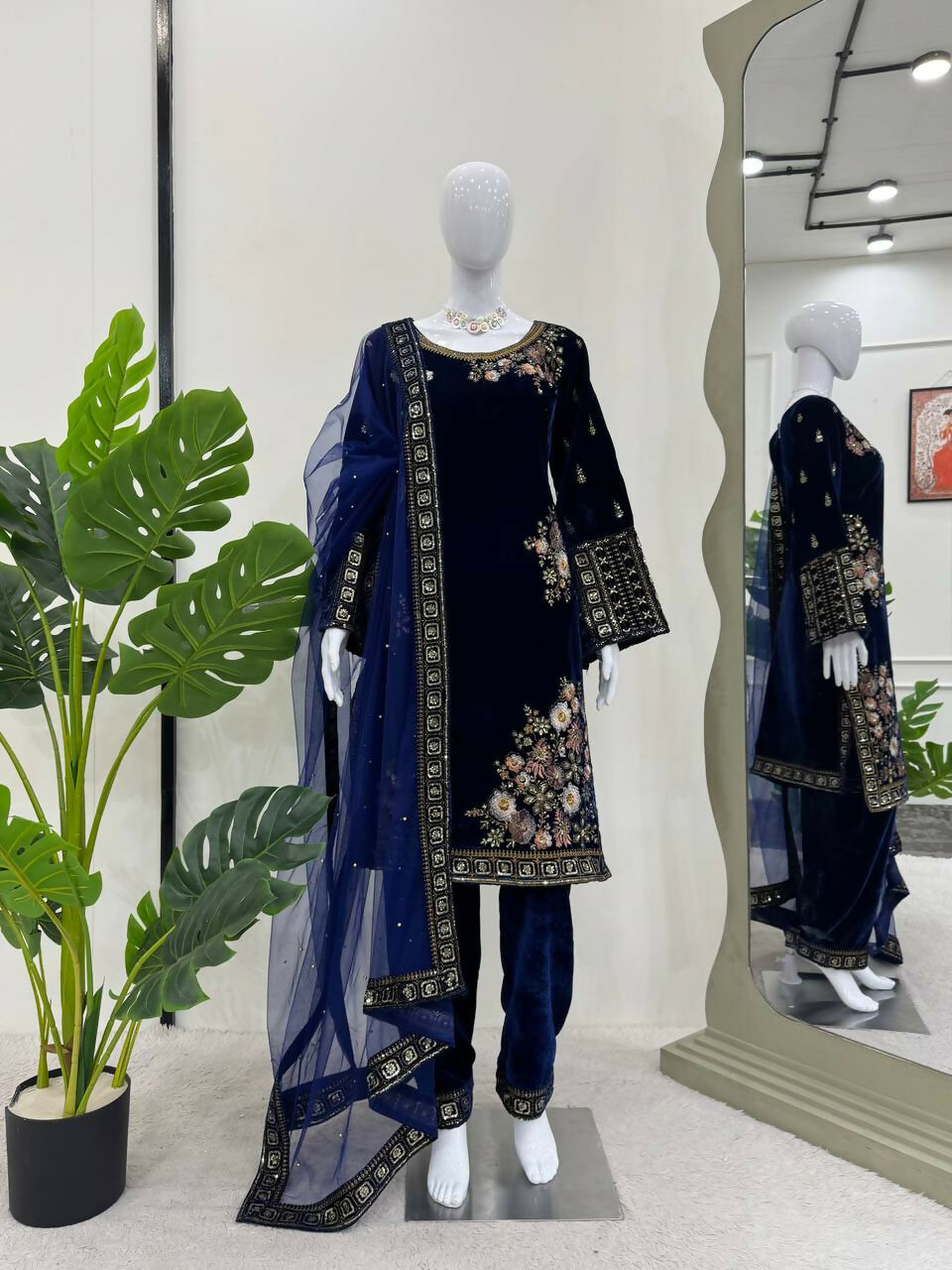 Vastranavya Navy Blue Viscose Velvet Sequence Embroidery Work Kurta & Bottom With Dupatta | Grocsy
