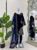 Vastranavya Navy Blue Viscose Velvet Sequence Embroidery Work Kurta & Bottom With Dupatta | Grocsy