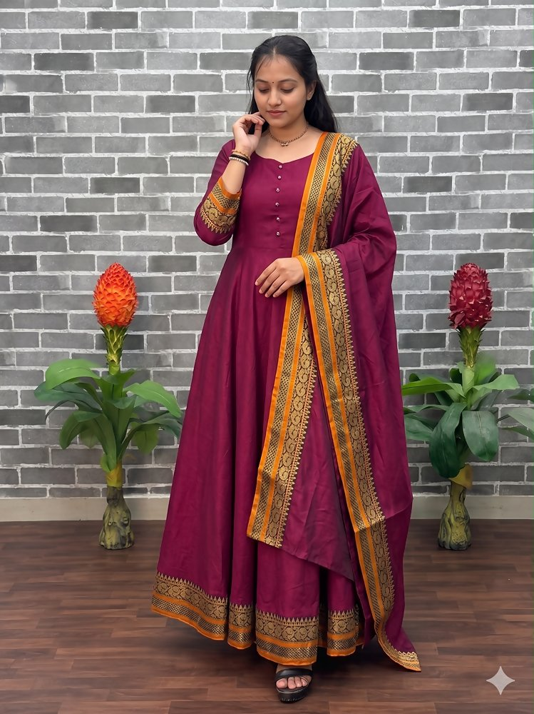 Teeya Creation New Trendy Stylish Wine Solid Anarkali Kurta with Traditional Golden Border Dupatta Set | Grocsy