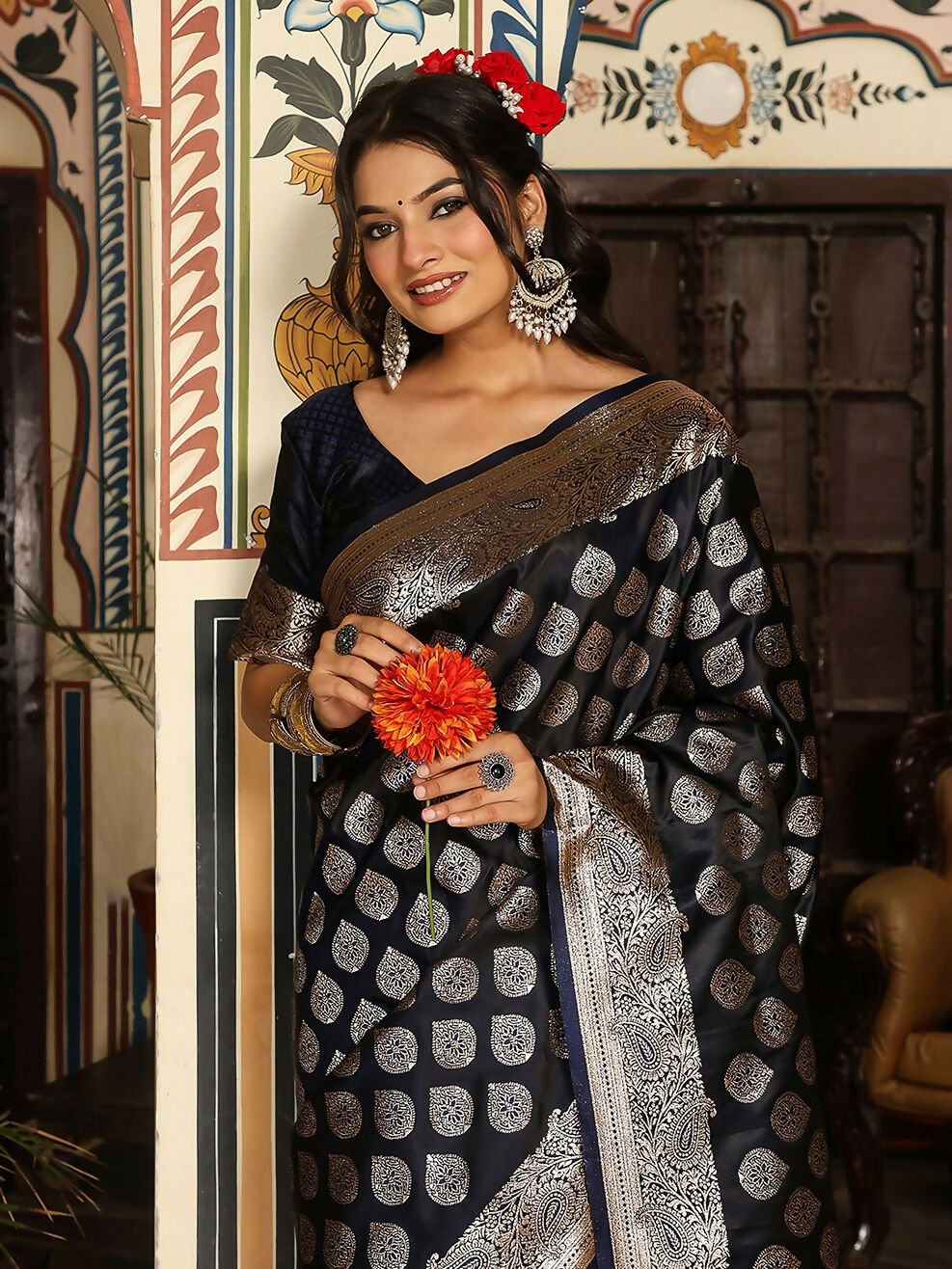 Shree Shyam Fashion Navy Blue Silk Saree | Grocsy
