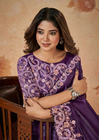 Purple Banarasi Crush Silk Thread, Sequence, Cord Embroidered with Stone & Moti Work Saree - Mohmanthan Dakshika | Grocsy