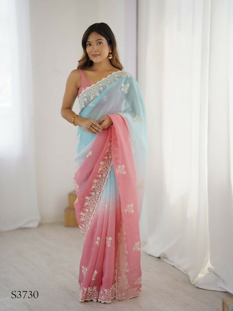 Rust Crunchy Silk Embroidery Work Party Wear Saree - Lakshita | Grocsy