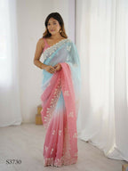 Rust Crunchy Silk Embroidery Work Party Wear Saree - Lakshita | Grocsy